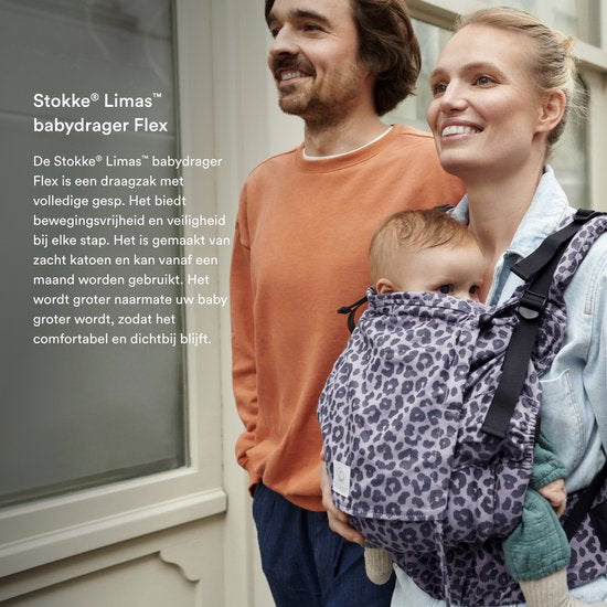 Stokke Limas Carrier Flex, Leopard Lilac – Version 2023 (OCS) – Babytrage mit Schnallenverschluss – Drei Tragevarianten – Geeignet für Babys ab 1 Monat/4 kg bis 20 kg