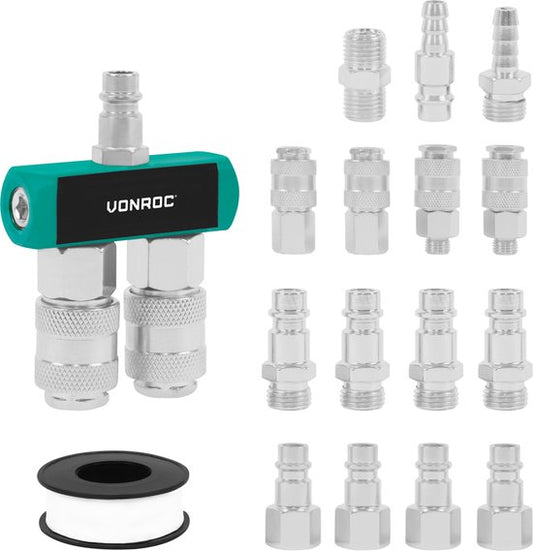 VONROC Luftanschluss-Set – 16-teilig – Zubehörset für Druckluftsysteme – 1/4" – EU-RO/DIN 7,2 mm – ORION