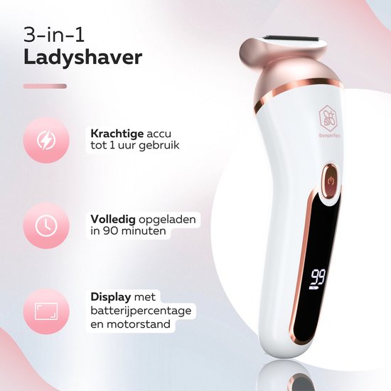 Beeperfect® 3 in 1 Ladyshaves For Women Prime - Damenrasierer - Bikini-Trimmer - Wiederaufladbar - Wasserdicht - 3 Aufsätze
