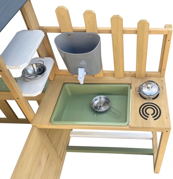 AXI Lizz Spielhaus Braun/Anthrazit – Holzspielhaus mit Spielküche, Kreidetafel, Spiegel, Blumentöpfen und Zubehör – FSC-zertifiziertes Holz – Gartenhaus für Kinder – 10 Jahre Garantie