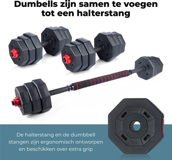 Umbro Hantelset - 20 KG - Verstellbare Kurz- und Langhanteln - Gewichte von 1,25 KG, 1,5KG und 2KG - Kunststoff