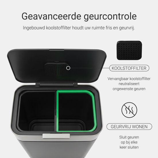 Abfalleimer 60 Liter – inklusive Abfalltrennringe 2x 30 Liter – 2 Fächer – Edelstahl – Graphitgrau – 42x33x76 cm – STAUS&BACH Nuvio