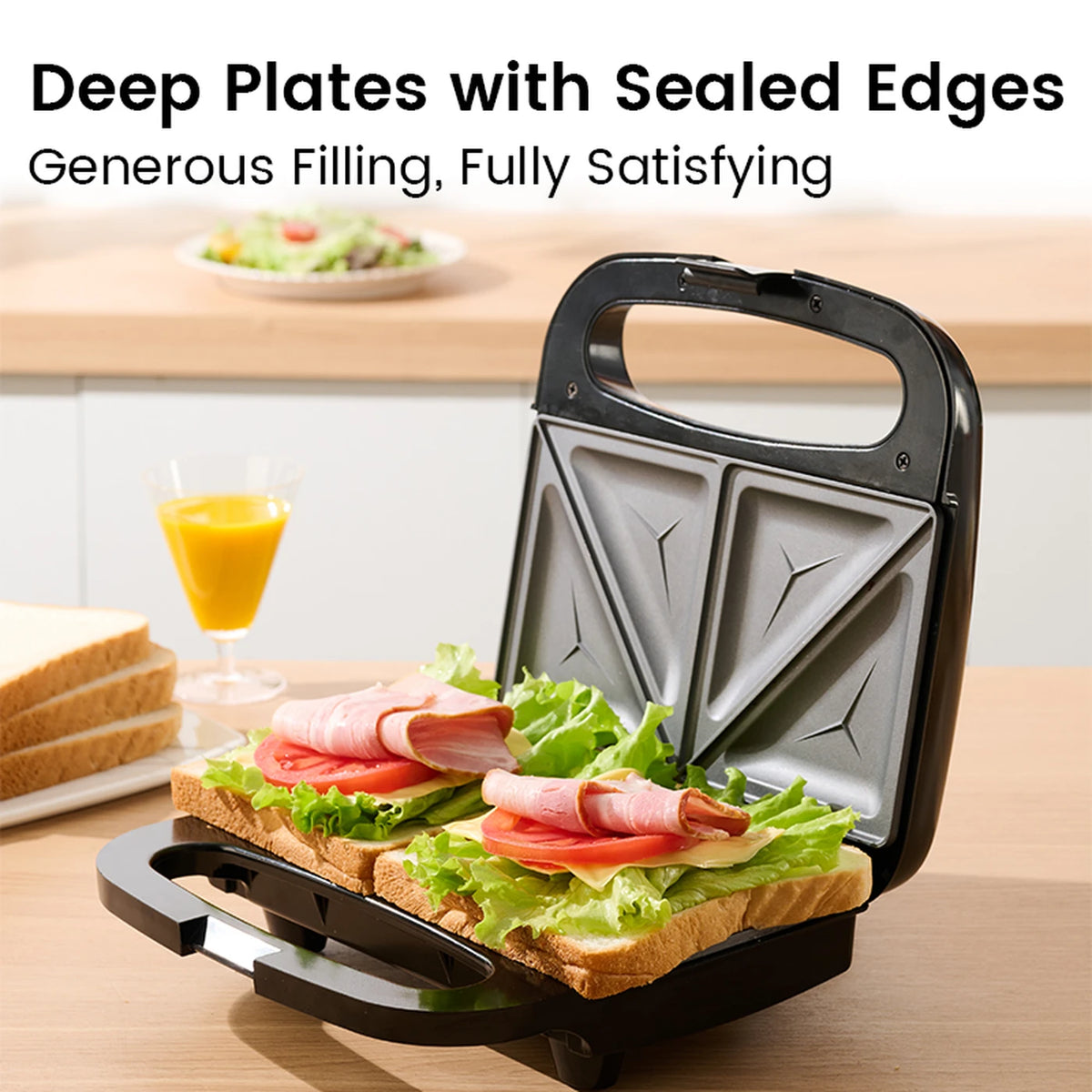 Ochama Sandwichmaker 750 W – Doppelte Grillplatten – Knusprige Toasts – Antihaftbeschichtung – Schwarz