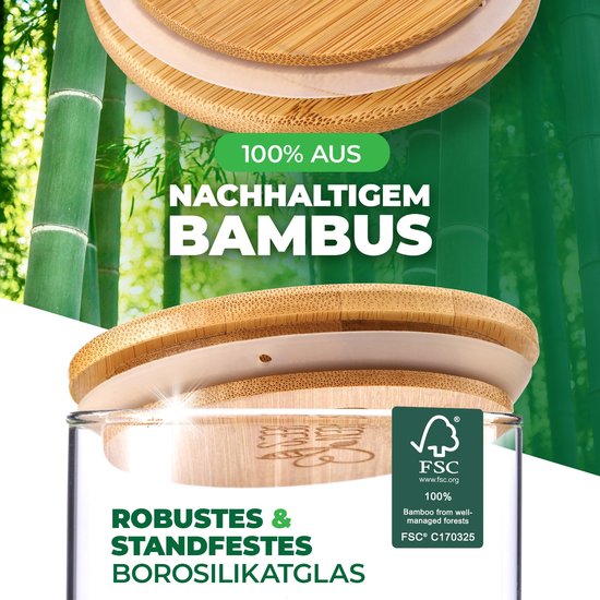 GREEN BEE`S 6er Set Vorratsglas groß - 2x1500ml & 4x650ml - Passgenau für Schublade & Apothekerschrank - Nachhaltige Vorratsgläser mit Deckel luftdicht - Für Mehl, Reis, Nudeln, Müsli und Bohnen