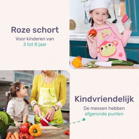 Qwali XL Montessori Kindermesserset - 9-teilig - inkl. Schneidebrett und Schürze - Sicher - Kochen - Besteck Messer - Messer für Kinder - Küchenmesser