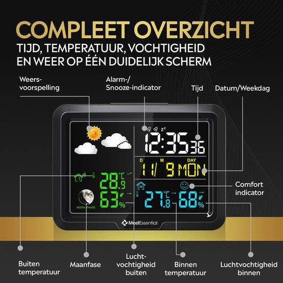 MostEssential Classic Edition Wetterstation – Plug-&-Play-Installation – Kabellos – Wetterstation mit Außensensor – Hygrometer – Innen und Außen – 100 Meter Reichweite – 1 Sensor