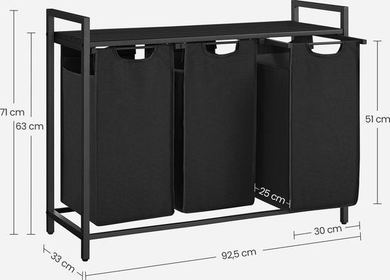 O'DADDYÂ¬Ã† Wäschekorb 3 Fächer - Wäschesortierer - ausziehbar mit Regal - 92,5 x 33 x 71 cm - Wäschekorb - 114L unterteilt in 3 Fächer - Wäschekörbe - Wäschekorb schwarz Metall - dunkelgrau