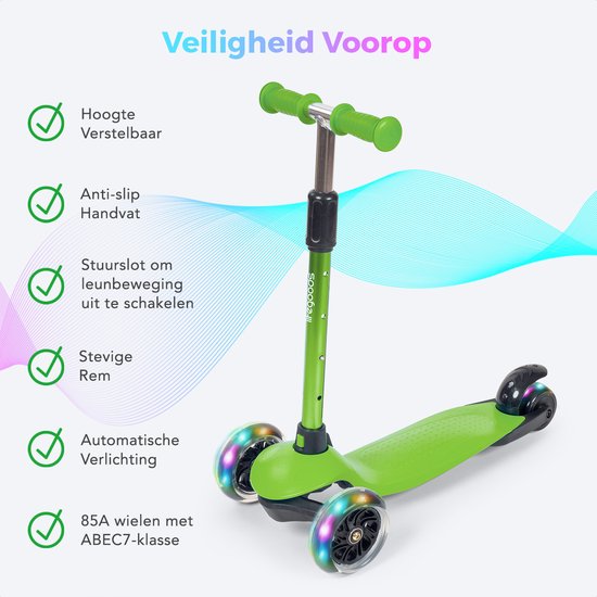 LifeGoods - Kinderroller - 2-5 Jahre - 3 leuchtende LED-Räder - höhenverstellbar - Jungen/Mädchen - Grün