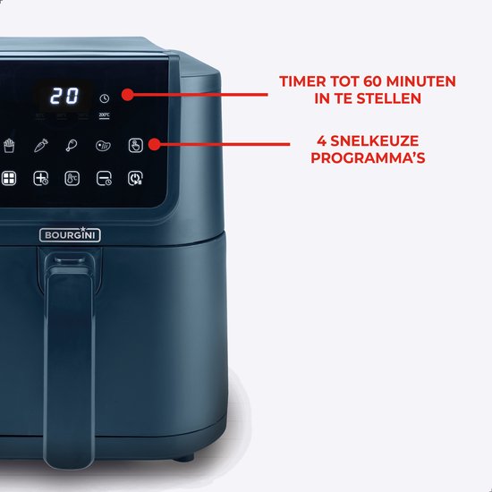 Bourgini Slimfit Airfryer XL Blau - Heißluftfritteuse - 5 Liter - 1500W - PFAS frei