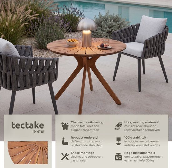 tectake® Runder Gartentisch aus Holz – Ø 70 x 62 cm – Akazienholz – Wetterfest – Außentisch – Bistrotisch – Beistelltisch – Tisch für Balkon und Terrasse – Auch für den Innenbereich geeignet