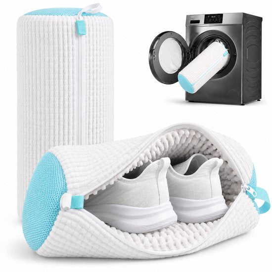 BOTC Schuhwaschbeutel-Set – 2 Stück – Wiederverwendbarer Schuhwaschbeutel – 360°-Tiefenreinigung mit Mikrofaser – Schützender Schuhwaschbeutel für Waschmaschine und Trockner – Weiß und Blau
