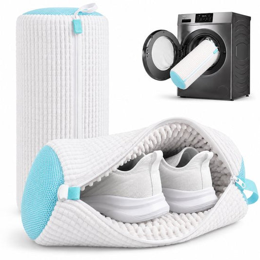 BOTC Schuhwaschbeutel-Set – 2 Stück – Wiederverwendbarer Schuhwaschbeutel – 360°-Tiefenreinigung mit Mikrofaser – Schützender Schuhwaschbeutel für Waschmaschine und Trockner – Weiß und Blau