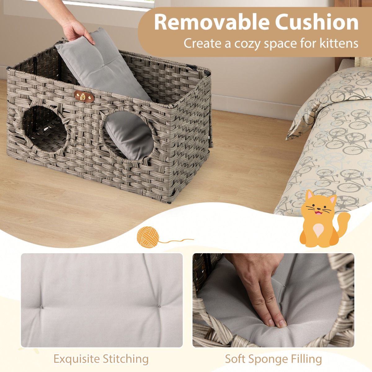 Coast Katzenhaus aus Schilf – zusammenklappbares Katzenbett – abnehmbares Kissen – verschließbarer Deckel – 60 x 35 x 35 cm