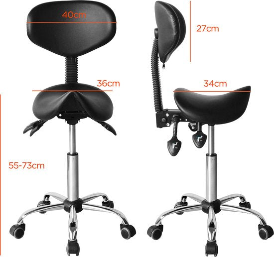 Sattelhocker ergonomische Stuhl - Höhenverstellbar (55 cm bis 73 cm) - Neigbare und verstellbare Rückenlehne - Schwarz