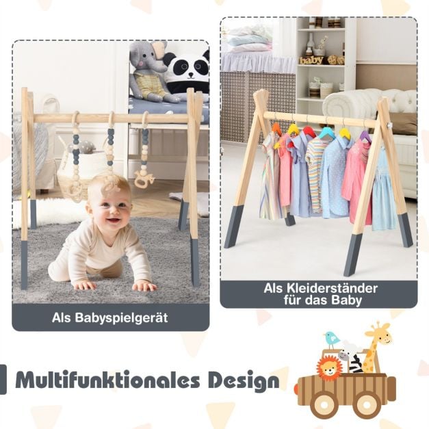 Coast Baby-Klettergerüst aus Holz – 3 Hängespielzeuge – 60 x 44 x 60 cm – Grün, Grau und Rosa