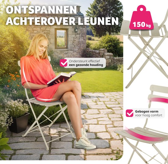 tectake - Klappbares Bistro-Set für 2 Personen mit Stahlgestell, Tisch und Gartenstühlen - Für Balkon und Terrasse - Outdoor-Set - Garten-Set - Klapptisch und Klappstühle - elegantes Design - creme