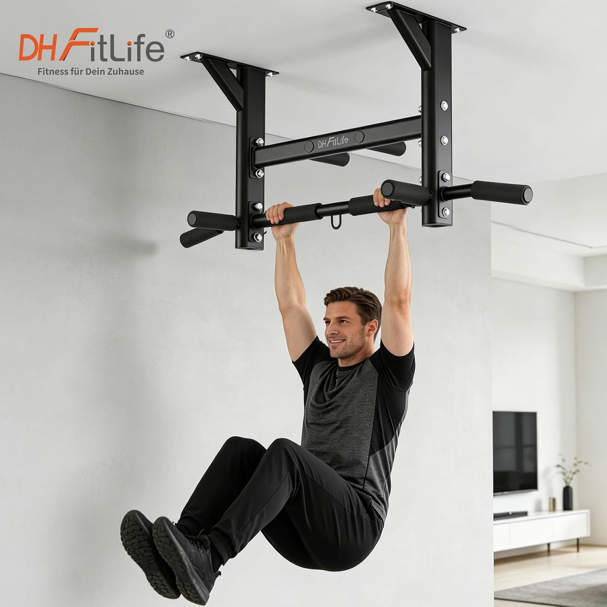 DH FitLife Decken-Klimmzugstange 4-in-1 – 8 Griffe – bis zu 300 kg – 44,5 x 25,5 cm – Schwarz