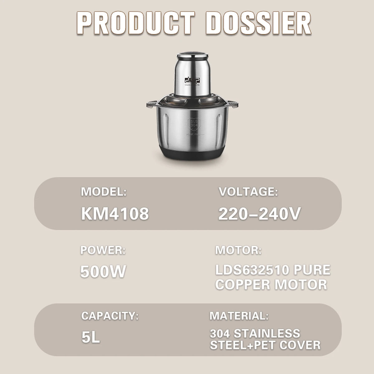 DSP Küchenmixer KM4108 – 5 Liter – 500 W – Schüssel aus Edelstahl 304 – Fünfklingiges Messer – 2 Geschwindigkeitsstufen – Kupfermotor