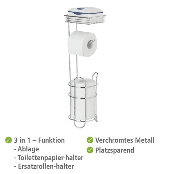 Stehender Toilettenpapierhalter aus Chrom – mit Ablage und Halter für Ersatzrollen