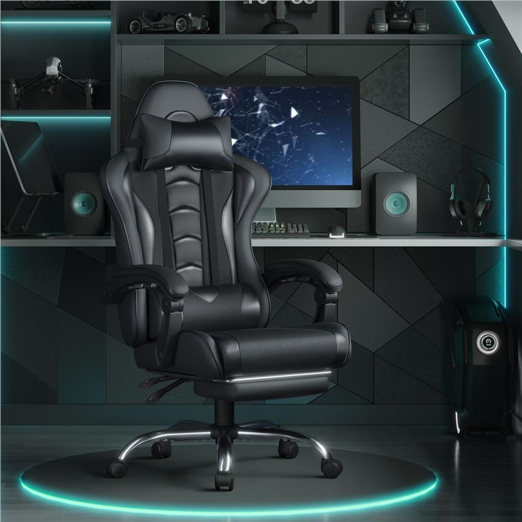 Yaheetech Gaming-Stuhl mit Massagefunktion und Fußstütze – schwarz