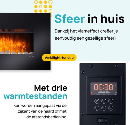 MOA Atmosphere Fireplace Electric - Kamin mit Fernbedienung und Ambilight - Kaminofen - 2000W - Schwarz