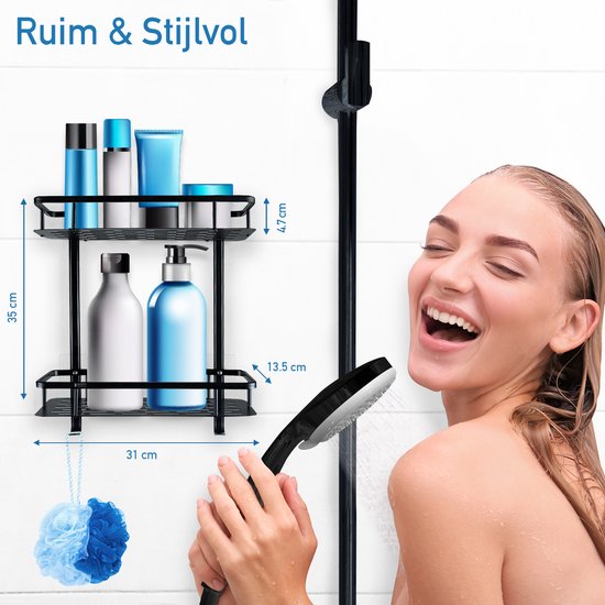 Happy Goods Duschregal - 2-lagiges Duschregal ohne Bohren - Edelstahl - Selbstklebend - Hängendes Duschregal - Badezimmerregal - Badezimmerregal - Duschregale - Schwarz