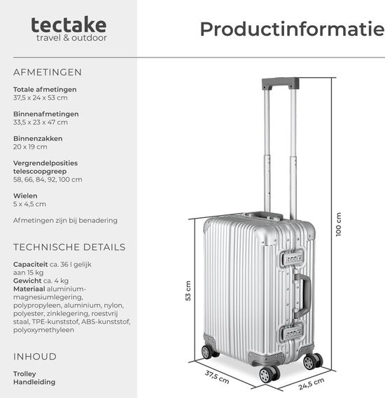 tectake® Aluminium-Handgepäckkoffer – 36 Liter – Doppeltes 3-stelliges TSA-Zahlenschloss – 53 cm – Handgepäck-Trolley – Reisekoffer mit Rollen
