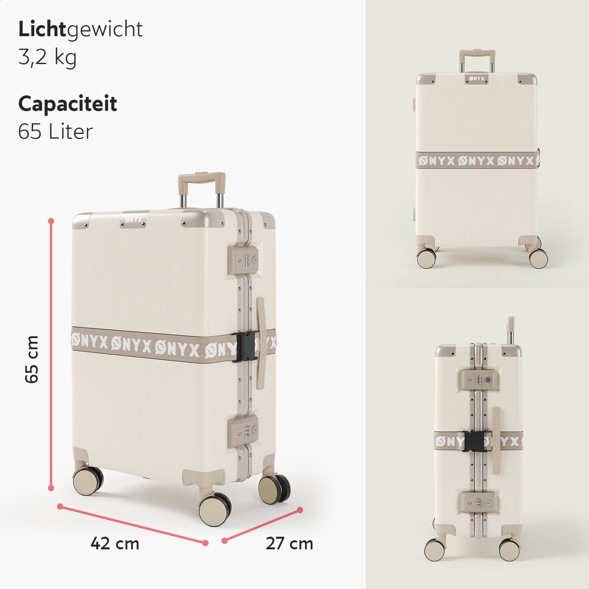 ONYXÂ¬Ã† Check-in Koffer 65L - TSA-Schloss - Spinner-Räder - Leichter Trolley - Aluminiumverschluss - Sandweiß