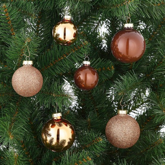 Mica Decorations Glas-Weihnachtskugeln-Set – Weihnachtskugeln mit Glanz und Glitzer – Weihnachtsschmuck für den Weihnachtsbaum – Baumspitze – 42-teiliges Set – Ø 7 cm – Braun