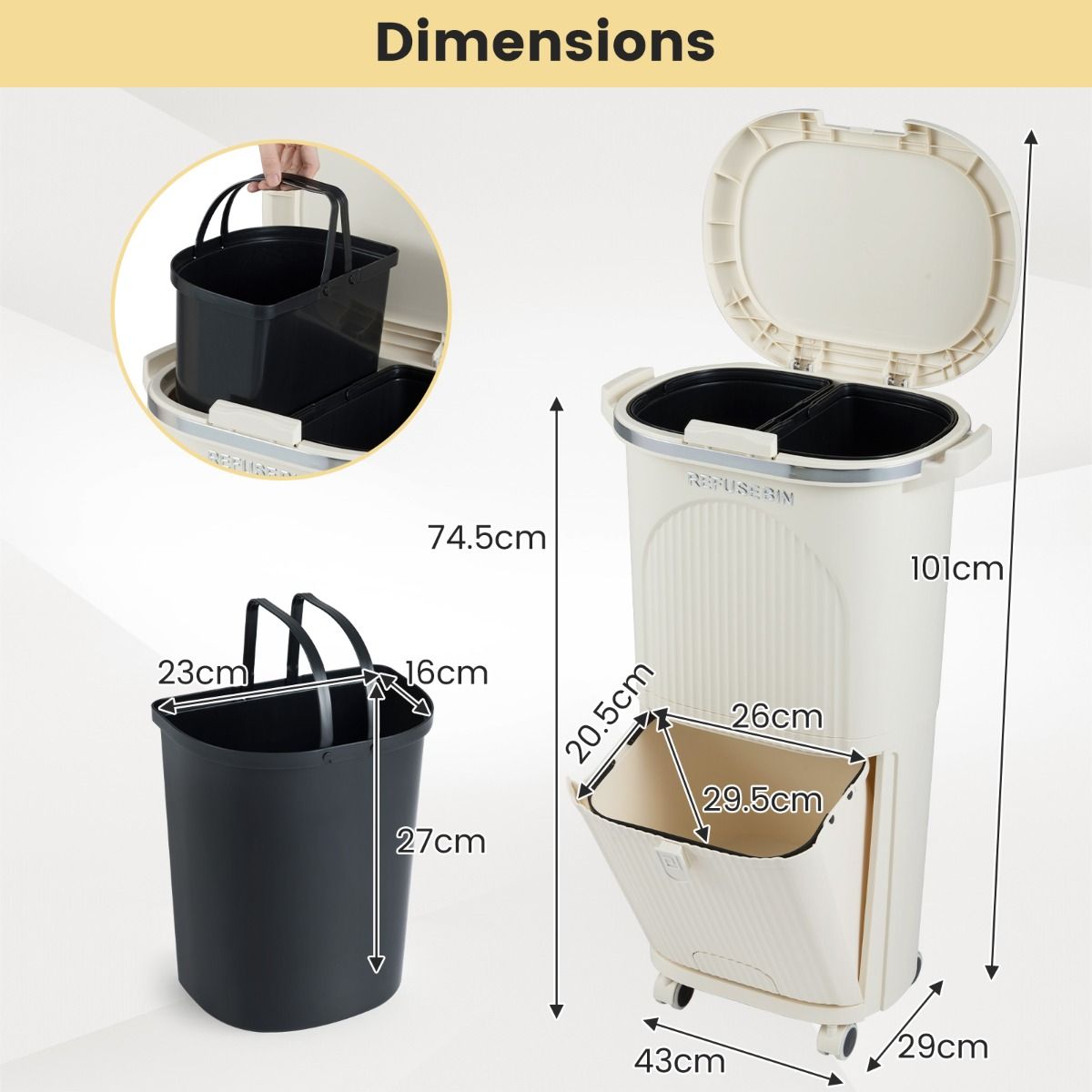 Coast Mülltrennungsbehälter auf Rädern – 3 Fächer – Pedal und Druckknopf – Beige – 38 Liter
