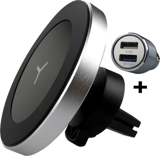 iSetchi Handyhalterung für das Auto mit kabellosem Ladegerät (15 W Schnellladegerät, silber) – Autoladegerät inklusive 12-V-Quick-Charge-Ladegerät – magnetisch