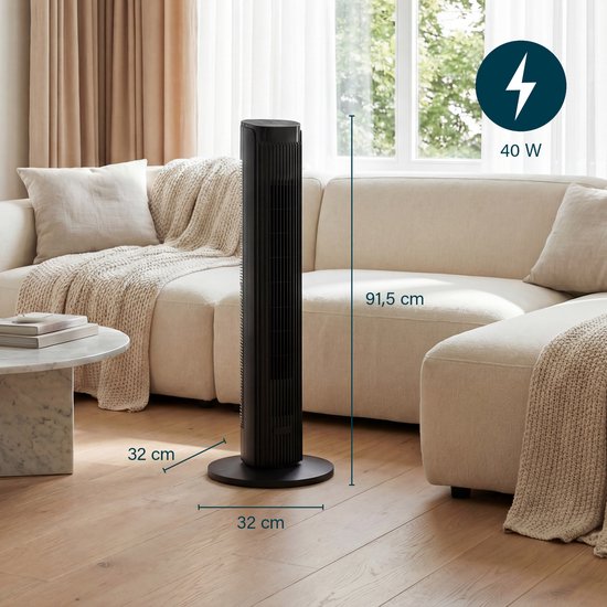 Princess DC Turmventilator 91 cm – besonders leise – 12 Geschwindigkeitsstufen – 4 Windmodi – 90°-Oszillation – Timer 1–24 Stunden – mit Fernbedienung – schwarz – 352370