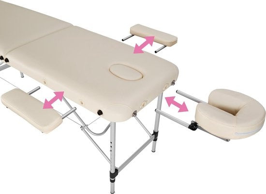 tectake - Aluminium-Massagetisch 2 Zonen, Massagetisch 4cm Matratze, klappbarer Massagetisch, höhenverstellbarer Aluminium-Massagetisch, tragbarer Massagetisch inklusive Zubehör, Aluminium-Kopfstütze, Armlehne und Tragetasche - beige