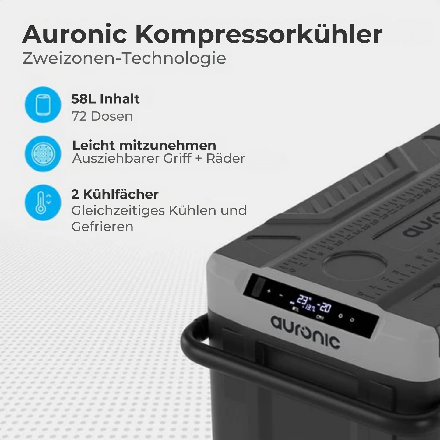 Auronic Electric Cool Box - Mit Kompressor - Gefrieren und Kühlen - 58L Kapazität - 69.2 x 45.3 x 58 cm - Grau