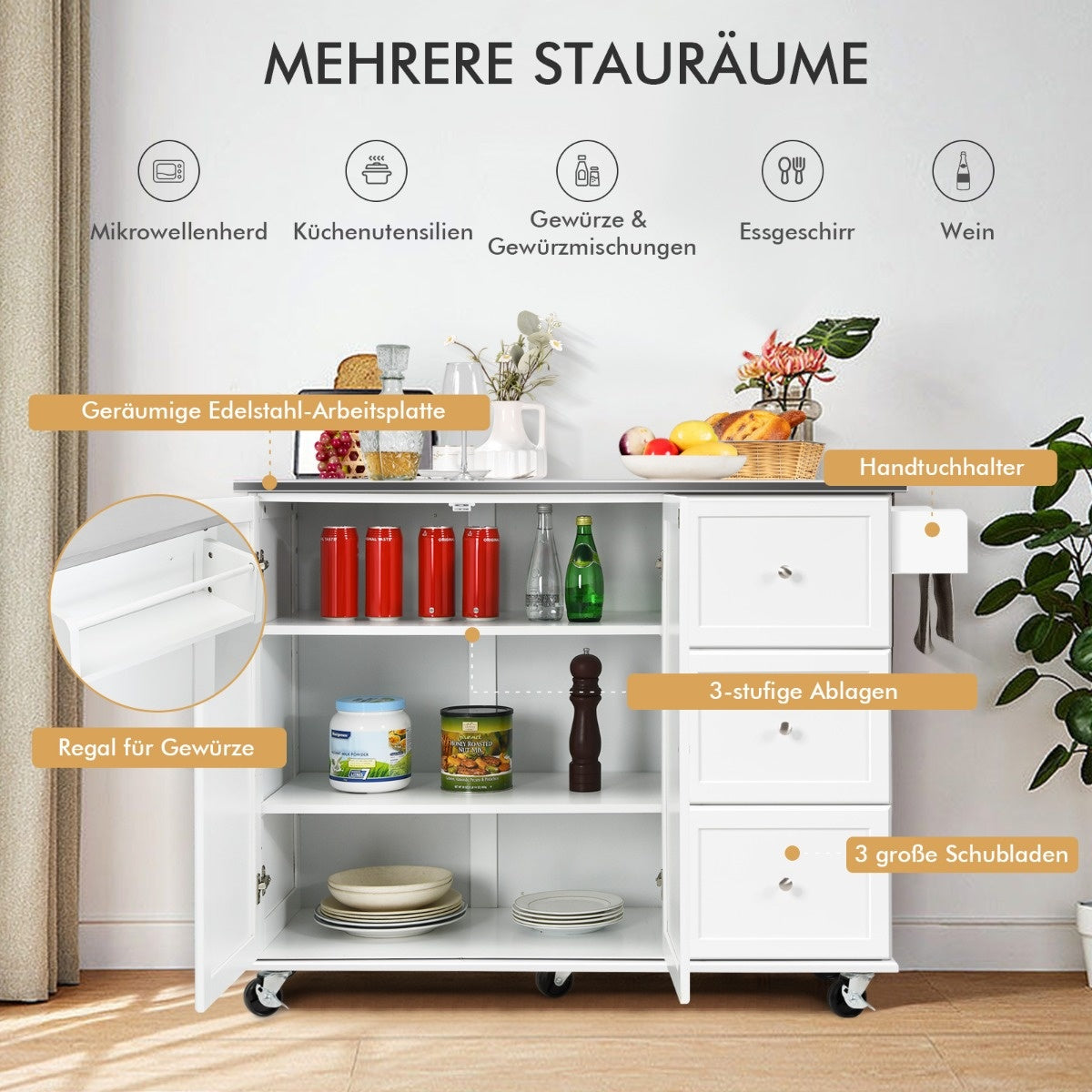 Coast mobiele keukenauto met roestvrijstalen werkblad en 3 laden en verstelbare planken wit