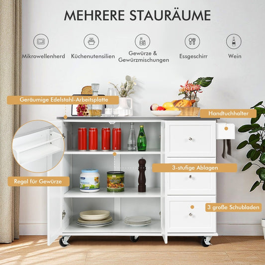 Coast mobiele keukenauto met roestvrijstalen werkblad en 3 laden en verstelbare planken wit