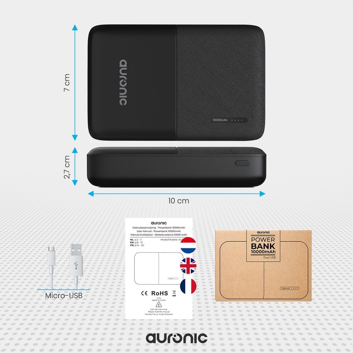 Auronic Powerbank - 10.000 mAh - 4 Anschlüsse - 2,4A USB/Micro-USB/USB-C - Inkl. Kabel - Schwarz