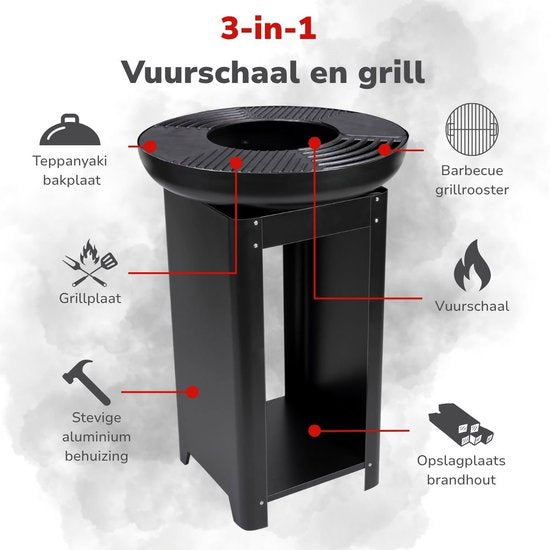 Alpina 3-in-1-Feuerkorb und Grillplatte – Gartenkamin 61 x 90 cm – mit Teppanyaki-Grillplatte – Plancha-Grill mit Holzlager – Feuerkorb für den Außenbereich – Metall