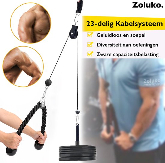 Zoluko Home Fitness Cable System 23-teiliges Set - Inkl. E-Book - Kraftstation für den Heimsport - Inkl. Trizepsseil, Bizepsstange und Griffe - 100kg Tragkraft - Einfache Befestigung - Krafttraining - Lat Pulley - Home Gym - Schwarz/Silber