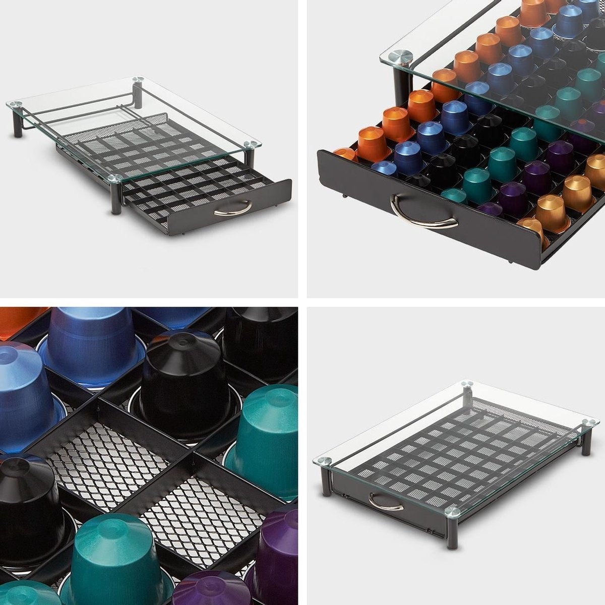 KitchenBrothers Kapselhalter - mit Schublade - Nespresso - 60 Kapseln - Glas - Edelstahl/Schwarz