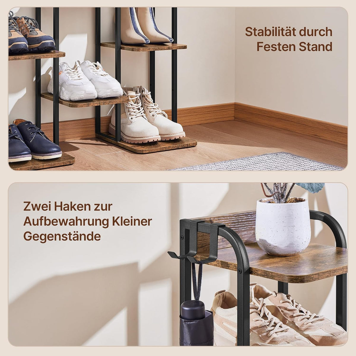 Yaheetech Schmales Schuhregal mit 10 Ebenen – 26,5 x 30 x 162 cm – mit Haken – Vintage-Holz und Metall – rustikales Braun