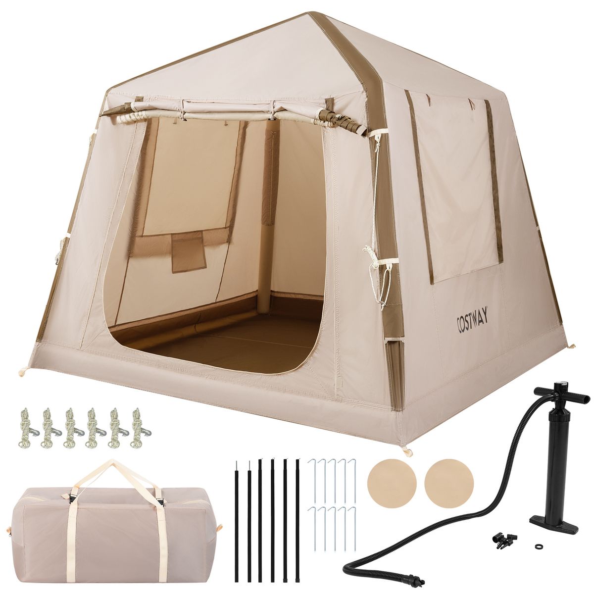 Coast Aufblasbares Campingzelt – 2 bis 4 Personen – Inklusive Pumpe und Tragetasche – Khaki – 210 x 210 x 180 cm