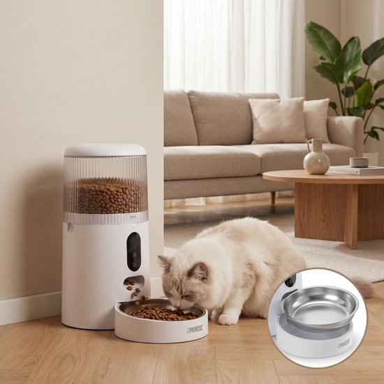 Princess Automatischer Futterspender – Smart 4 Liter – Katze & Hund – App-Steuerung – Trockenfutter – Edelstahlschüssel – BPA-frei – Pufferbatterie – Futterautomat – Futterspender – 610040
