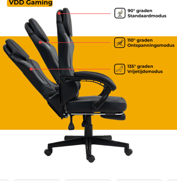 VDD Gaming-Gaming-Stuhl mit Massagefunktion – Schwarz/Grau – 70 x 70 x 125 cm – Verstellbar, Fußstütze, 150 kg