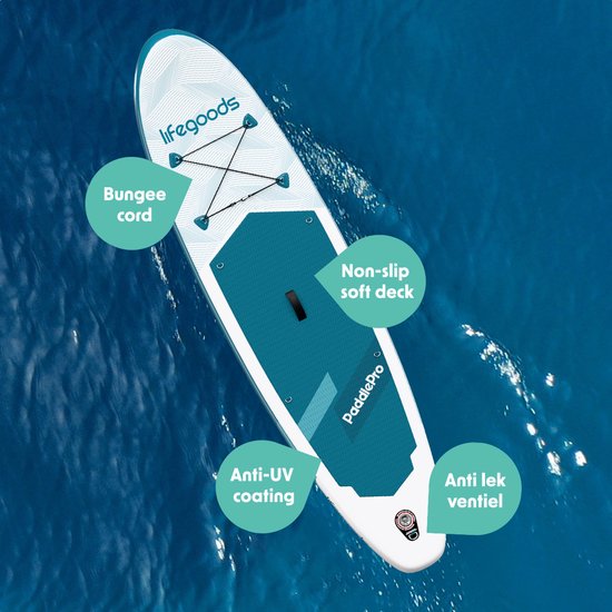 LifeGoods SUP Board All-round Compact - Mit Sitz - 100 KG Tragfähigkeit - 300 x 76 cm - Aufblasbar - Komplettes SUP Paket - Deep Aqua