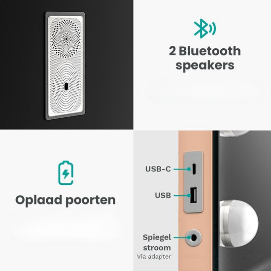 Mirlux Hollywood Mirror 80x60CM - 2 Bluetooth-Lautsprecher - USB & USB-C Ladeanschlüsse - LED-Beleuchtung - Schminkspiegel - 10x Zoom - Aufhängbar - Rose Gold