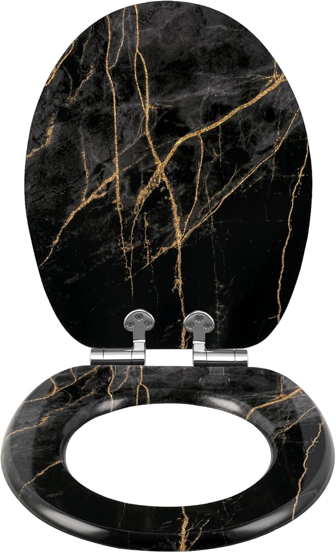 eSituro Toilettensitz mit Softclose-Mechanismus, universell einsetzbar – ausgestattet mit Schnellverschlusssystem, rutschfesten Polstern und dreiseitigem Transferdruck – für Toilette und Badezimmer – Mehrfarbiges MDF und Edelstahlscharniere – 375 x 440 mm