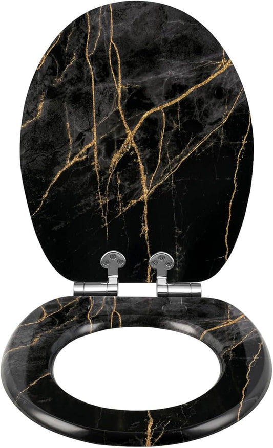 eSituro Toilettensitz mit Softclose-Mechanismus, universell einsetzbar – ausgestattet mit Schnellverschlusssystem, rutschfesten Polstern und dreiseitigem Transferdruck – für Toilette und Badezimmer – Mehrfarbiges MDF und Edelstahlscharniere – 375 x 440 mm