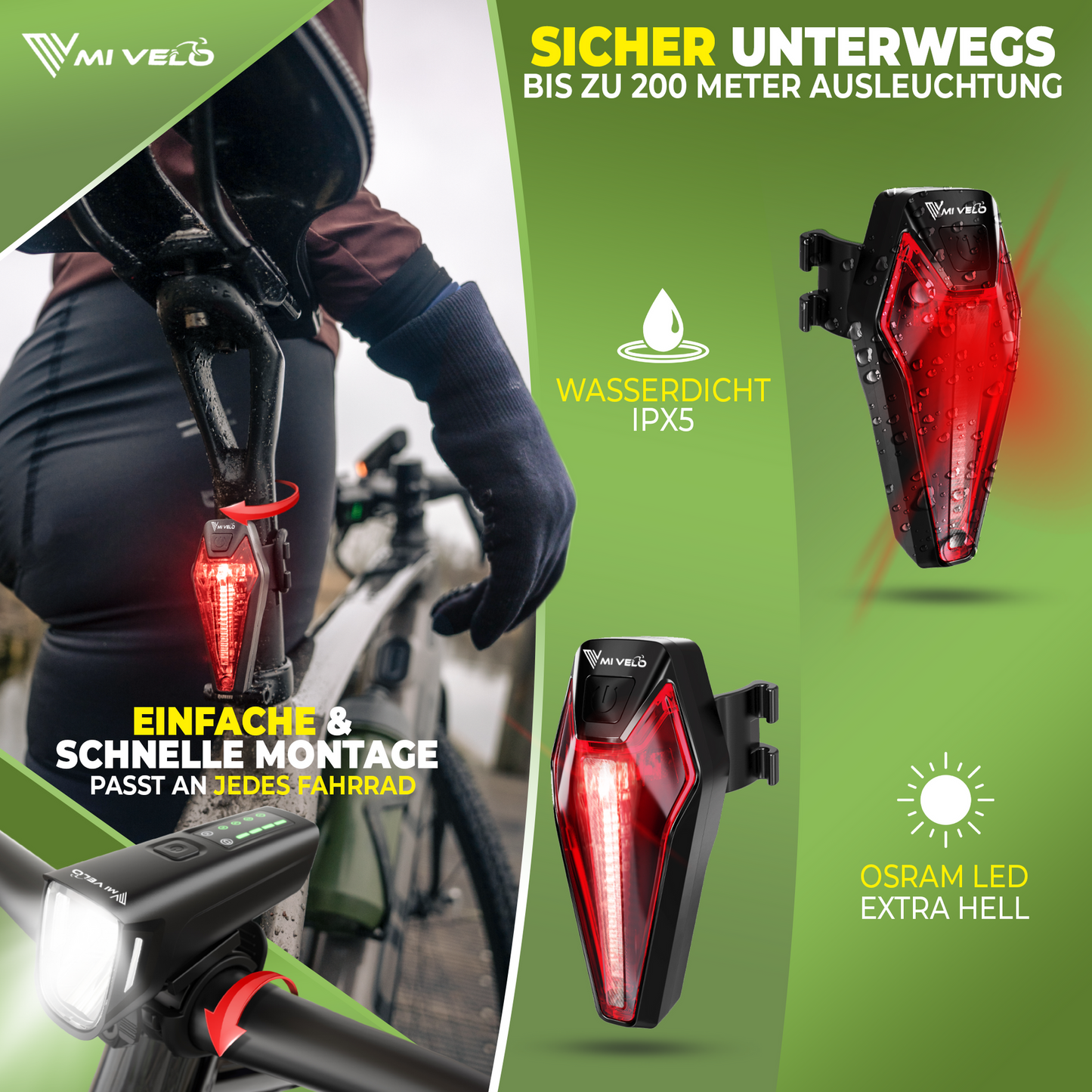 Mivelo Fahrradlicht Set LED "SMART ONE" USB-aufladbar