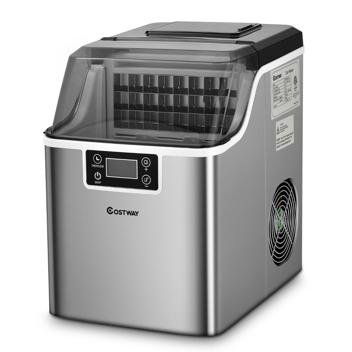 Coast Theken-Eisbereiter - 26x36x38 cm - Silber - Elektrischer Eisbereiter mit Selbstreinigung, 18KG/24h, 24 quadratische Eiswürfel pro 15 min